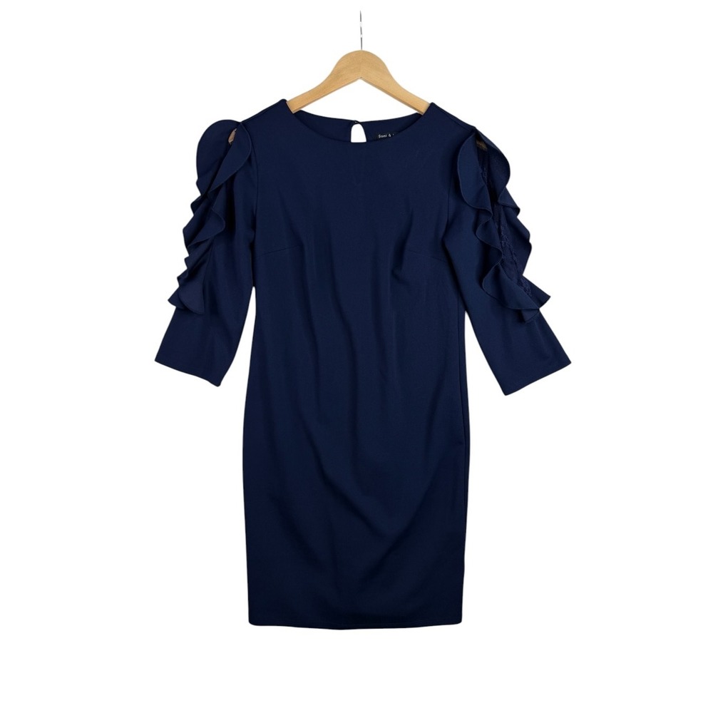 Sami & Jo Navy Blue Ruffle Sleeve Sheath Dress Size 6 Round Neck Keyhole Back